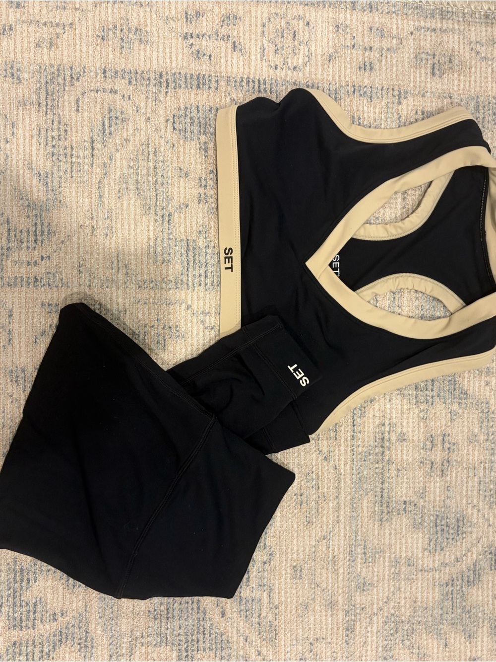 SET Black and Cream Racerback Sports Bra & Legging Set